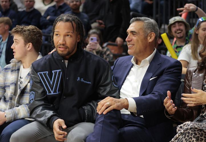 Jalen Brunson and former Villanova coach Jay Wright at the Finneran Pavilion on Feb. 8, 2023, in Villanova, Pennsylvania.