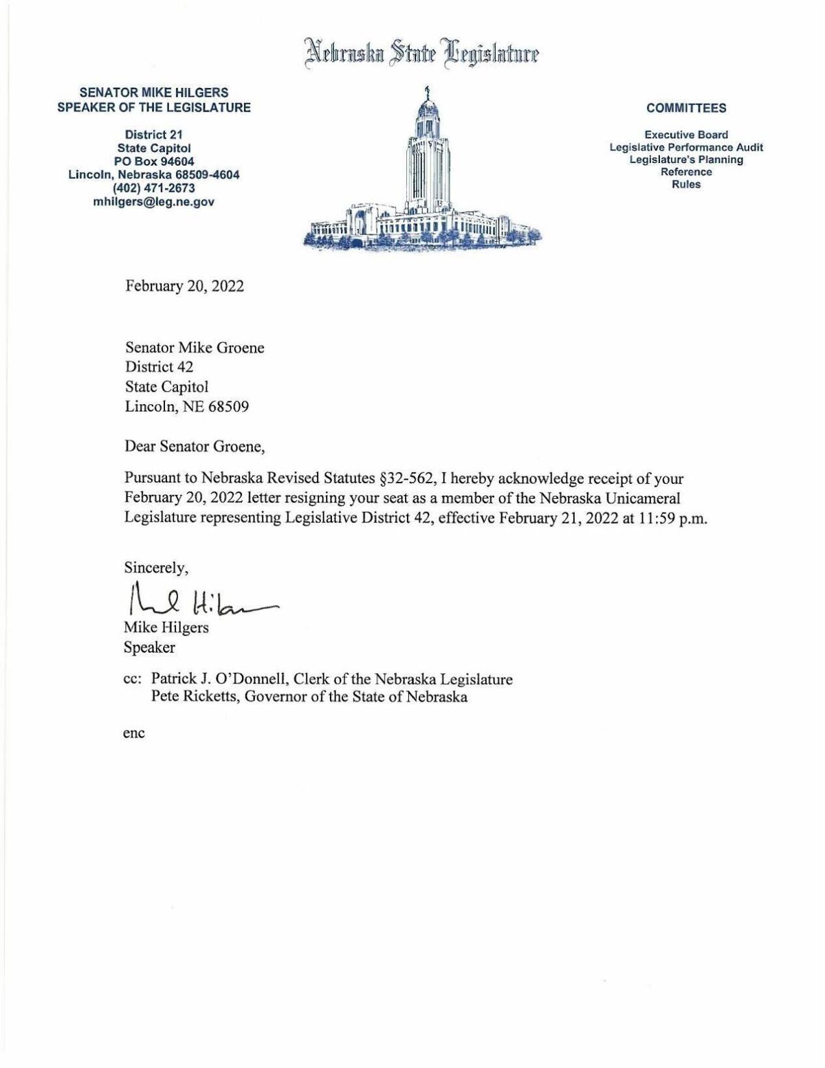 Sen. Groene Resignation