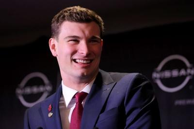 Indiana Hoosiers quarterback Fernando Mendoza speaks to the media during a press conference on Dec. 13, 2025, at the New York Marriott Marquis after winning the Heisman trophy.