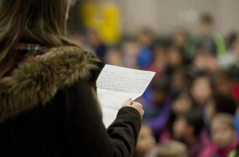 Marine Marisa Beattie meets 90 of her pen pals at Lockeford Elementary