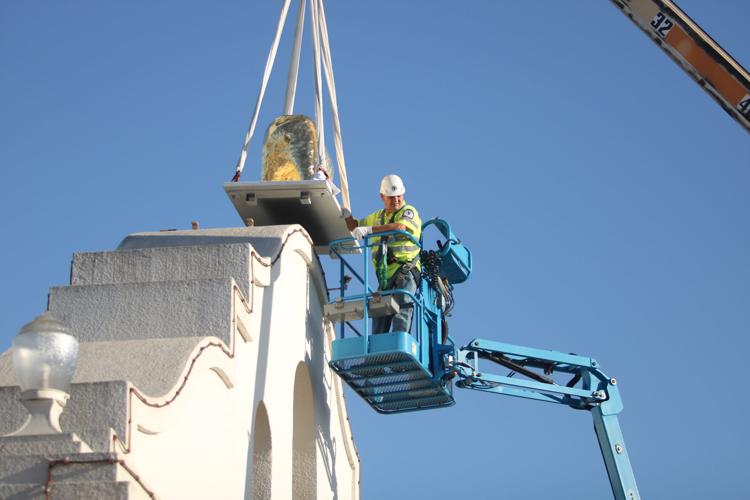 Following repairs, Lodi’s favorite bear is back on its arch. At 114