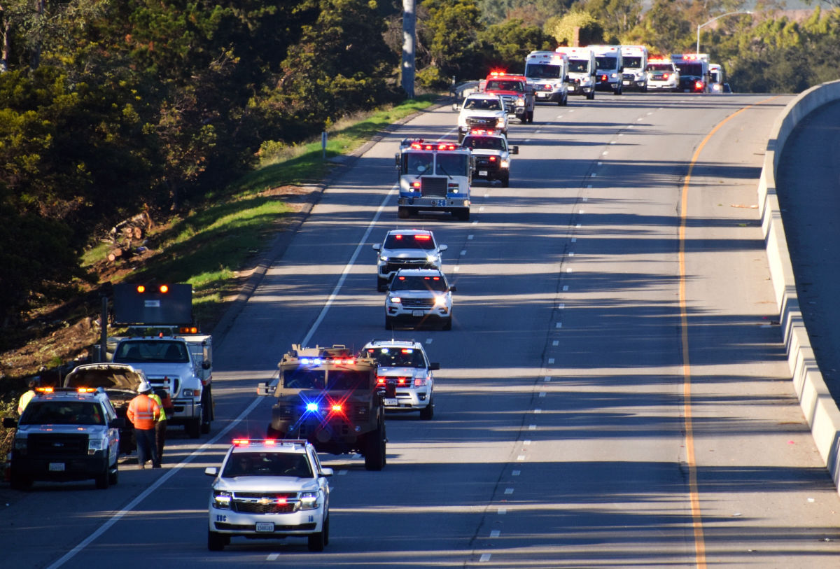 The procession of Joey De Anda travels southbound 101 before exiting Stowell Rd.
