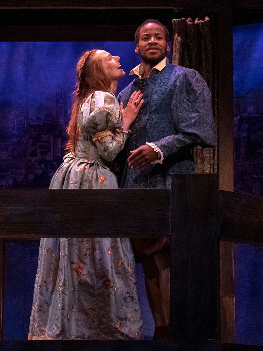 Emily Trask as Viola de Lesseps and Yusef Seevers as Will