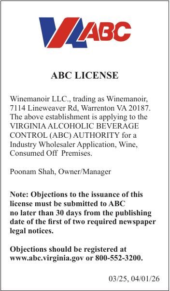 Winemanoir Wholesale ABC License 032526 | Public Notices | loudounnow.com