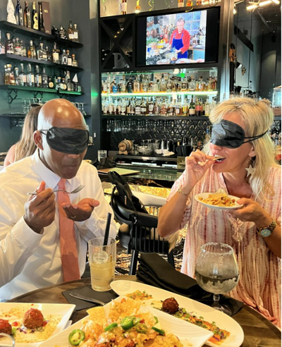 Blindfolded diners at Bourbon Bayou Kitchen