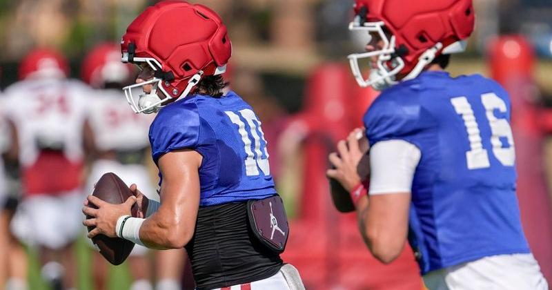Oklahoma quarterback John Mateer (10) runs drills during an OU Football practice in Norman, Okla., on Tuesday, Aug. 11, 2026.