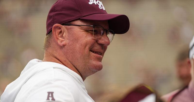 Aug 30, 2025; College Station, Texas, USA; Texas A&M Aggies head coach Mike Elko pregame against the UTSA Roadrunners at Kyle Field. Mandatory Credit: Sean Thomas-Imagn Images