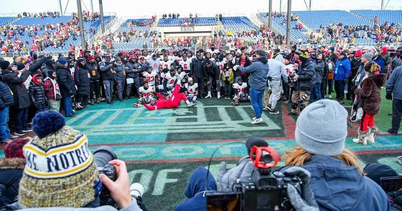 Cleveland Glenville celebrates their win over Shelby in an OHSAA DIV Championship football game, Dec. 5, 2025, at Tom Benson Hall of Fame Stadium in Canton, Ohio.