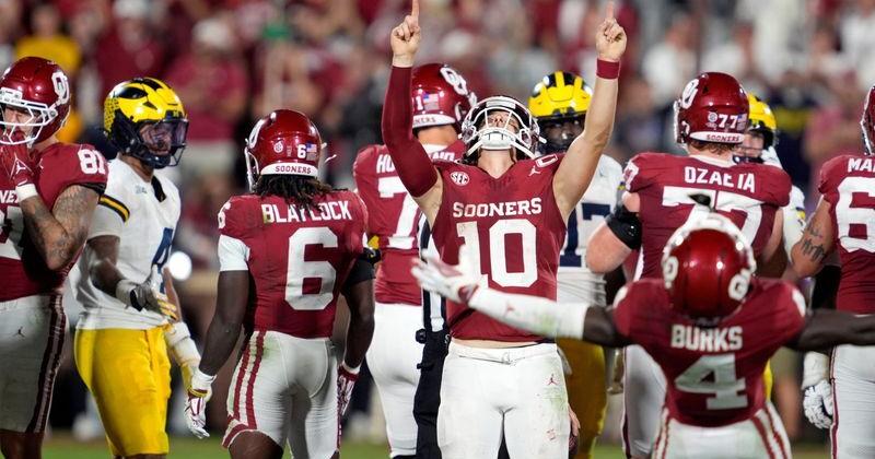 Oklahoma Sooners quarterback John Mateer (10) celebrates after a college football game between the University of Oklahoma Sooners (OU) and the University of Michigan Wolverines at Gaylord Family Ð Oklahoma Memorial Stadium in Norman, Okla., Saturday, Sept. 6, 2025. Oklahoma won 24-13.