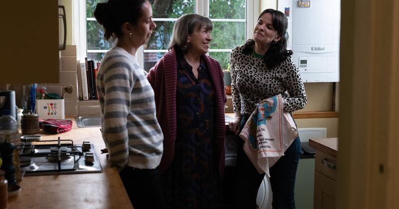 Social worker Amy (Kate O'Flynn, left) gets support from her mom Birdie (Marion Bailey) and best pal Rosie (Alice Bailey Johnson) in Mike Leigh's dramedy "Tender Loving Care."