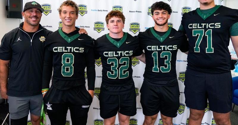 From left: Neumann football’s coach Chris Maragos, Carter Quinn, Luke Tallstrom, Antonio Amato and Zane Keric pose for a photo at the Naples Daily News in Naples, Fla., on Friday, July 31, 2026.