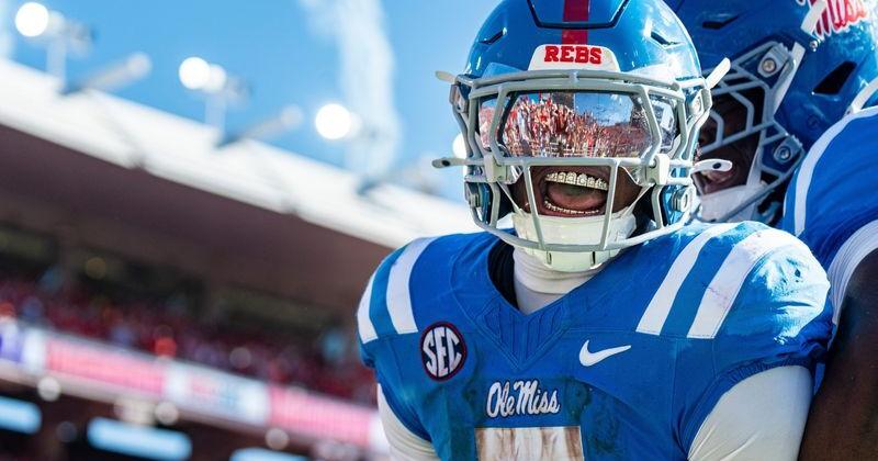 Ole Miss running back Kewan Lacy (5) celebrates after scoring a touchdown during a college football game between Ole Miss and LSU at Vaught-Hemingway Stadium in Oxford, Miss., on Saturday, Sept. 27, 2025. Ole Miss defeated LSU 24-19.