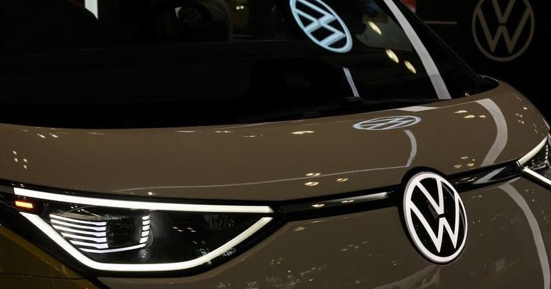 Volkswagen automobile logos are seen during the New York International Auto Show Press Preview in New York City