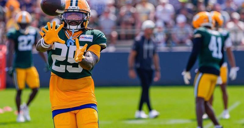 Green Bay Packers cornerback Keisean Nixon (25) runs through a drill during practice on Tuesday, Aug. 4, 2026, at Ray Nitschke Field in Ashwaubenon, Wisconsin.