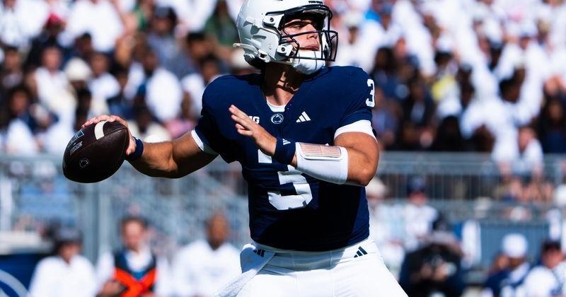 Penn State quarterback Rocco Becht looks to pass during an NCAA football game against Marshall at Beaver Stadium, Sept. 5, 2026,