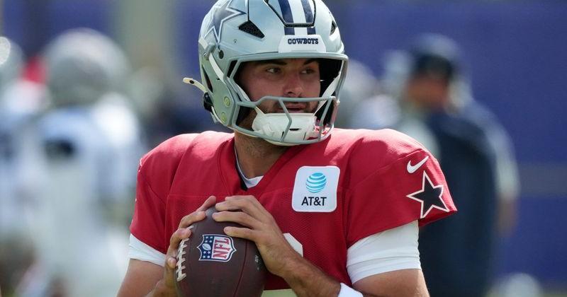 Aug 11, 2026; Woodland Hills, CA, USA; Dallas Cowboys QB Sam Howell (16) throws the ball against the Los Angeles Rams during a joint practice at the Rams Practice Facility. Mandatory Credit: Kirby Lee-Imagn Images