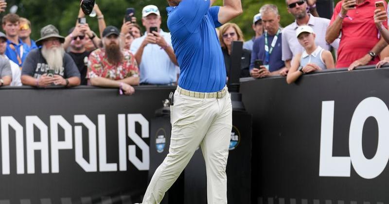 Bryson DeChambeau tees off from the first hole during the first day of LIV Golf Indianapolis on Thursday, Aug. 20, 2026, at The Club at Chatham Hills in Westfield.