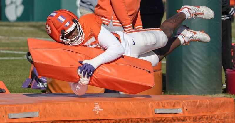 Clemson defensive lineman Vic Burley (45) during the Pinstipe Bowl practice in Clemson, S.C. Monday, Dec. 15, 2025.