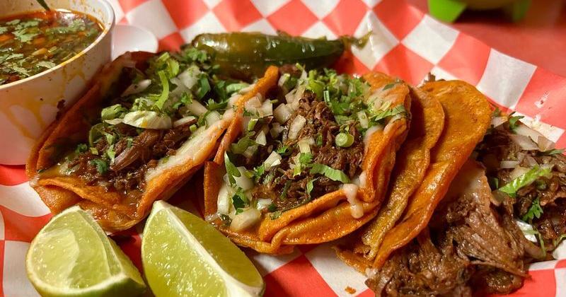 El Tlaxcalteca serves some of Milwaukee's best birria. Its quesabirria is packed with the stewed meat and melty cheese, and fried till crispy in chili oil from the consommé. The tacos come topped with cilantro and onions and are served with a side of rich consomme.