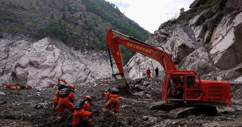 Rescue workers conduct search and rescue operations at the core disaster-hit area at Gyirong Port in Shigatse, Tibet