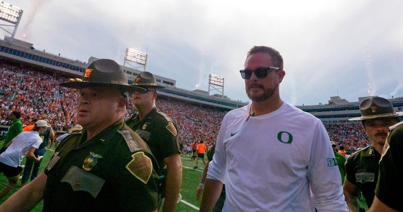 Oregon head coach Dan Lanning walks off the field after the Ducks loss as the Oregon Ducks face the Oklahoma State Cowboys on Sept. 12, 2026, at Boone Pickens Stadium in Stillwater, Oklahoma.