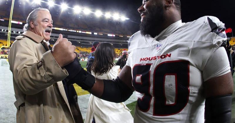 Jan 12, 2026; Pittsburgh, PA, USA; Houston Texans owner Cal McNair greets defensive tackle Sheldon Rankins (90) after an AFC Wild Card Round game against the Pittsburgh Steelers at Acrisure Stadium. Mandatory Credit: Charles LeClaire-Imagn Images