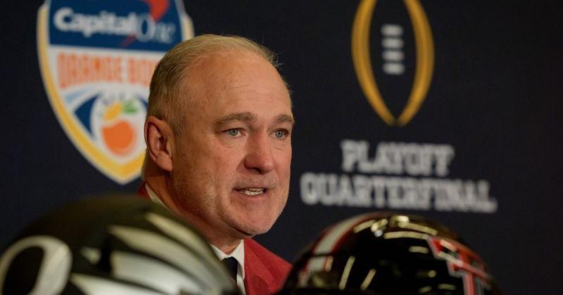 Texas Tech head coach Joey McGuire speaks during the head coaches press conference ahead of Orange Bowl on Dec. 30, 2025, in Dania Beach, Florida.