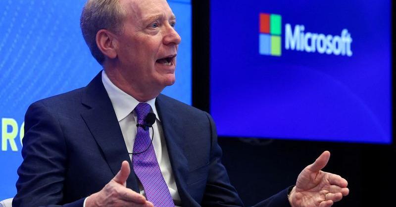 FILE PHOTO: Microsoft President Brad Smith addresses a keynote in Brussels