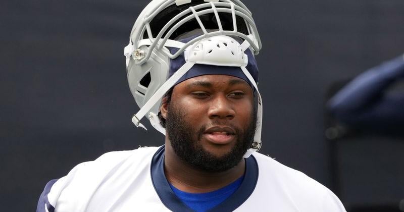 Jul 22, 2025; Oxnard, CA, USA; Dallas Cowboys tackle Nate Thomas (71) during training camp at the River Ridge Fields. Mandatory Credit: Kirby Lee-Imagn Images