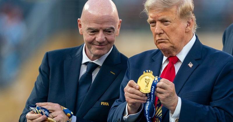 President Donald Trump and FIFA President Gianni Infantino hold World Cup medals during the FIFA World Cup 2026 final between