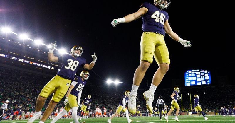 Notre Dame linebacker Jerry Rullo (46) hypes up the crowd after a kickoff in the second half of a NCAA football game against Syracuse at Notre Dame Stadium on Saturday, Nov. 22, 2025, in South Bend.