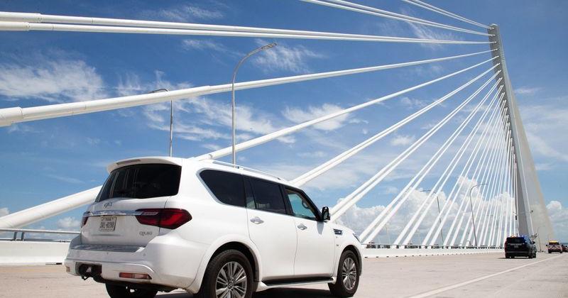 Vehicles cross the new Harbor Bridge in Corpus Christi, Texas, on June 28, 2025.