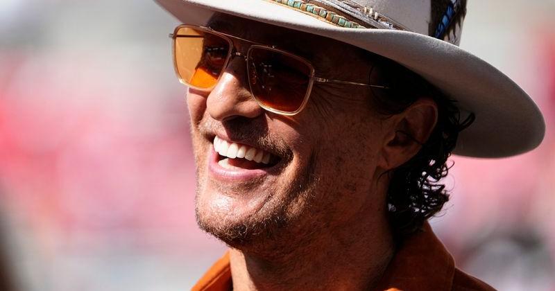 Matthew McConaughey stands on the field prior to the NCAA football game between the Ohio State Buckeyes and the Texas Longhorns at Ohio Stadium on Aug. 30, 2025.