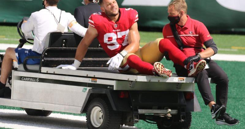 An injured Nick Bosa of the San Francisco 49ers is carted off the field in the first half as the 49ers played New York Jets at MetLife Stadium in East Rutherford, NJ on Sept. 20, 2020.