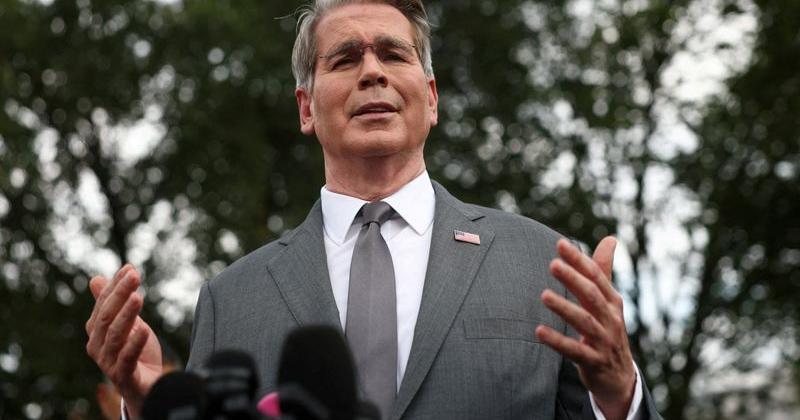 FILE PHOTO: Scott Bessent speaks the White House in Washington