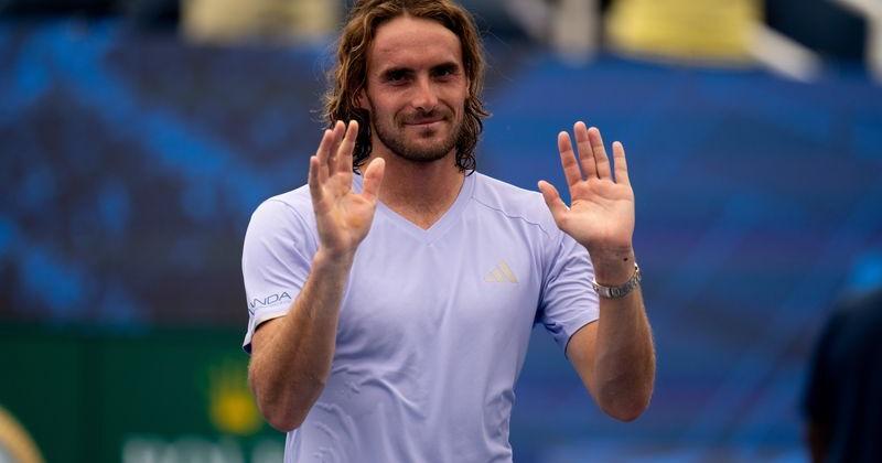 Stefanos Tsitsipas, of Greece, waives to the crowd at the Cincinnati Open at the Lindner Family Tennis Center in Mason, Ohio, on