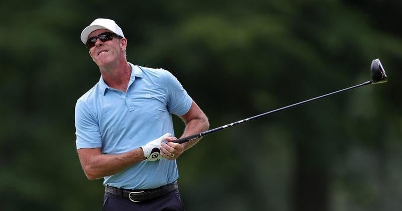 Richard Green watches his shot from the tee on the third hole during the first round of the Kaulig Companies Championship at