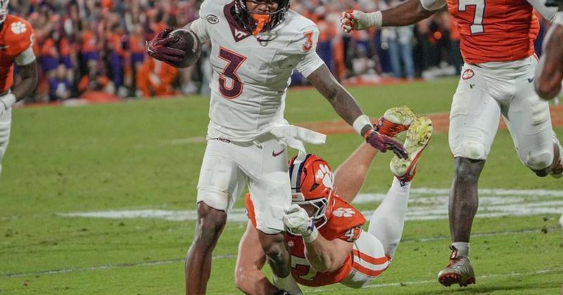Virginia Tech wide receiver Que'Sean Brown (3) gets tackled by Clemson linebacker Sammy Brown (47) during the second quarter at Memorial Stadium.