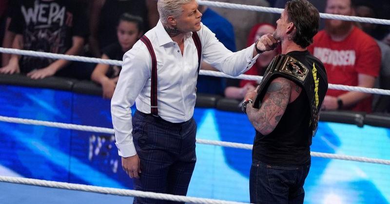 Cody Rhodes, left, and CM Punk talk during WWE Friday Night SmackDown at Paycom Center in Oklahoma City, Friday, July 10, 2026.