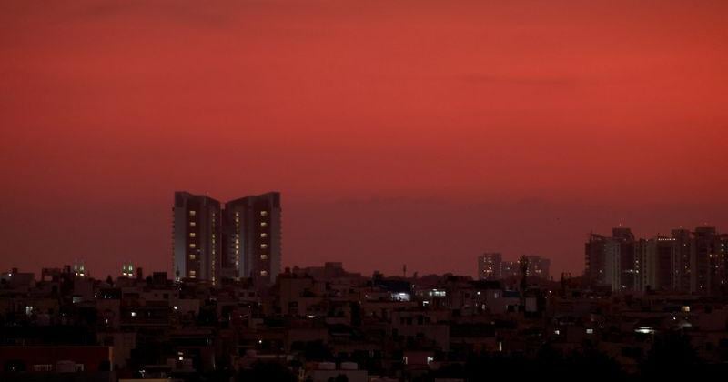 A view on the city skyline in sunset light, in Bengaluru