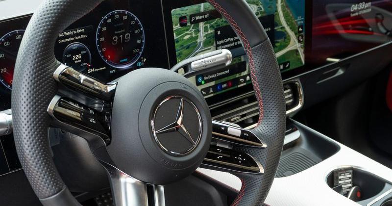 The steering wheel and the dashboard of a 2027 Mercedes-Benz CLA 250+ are seen on Tuesday, July 28, 2026, in Detroit.