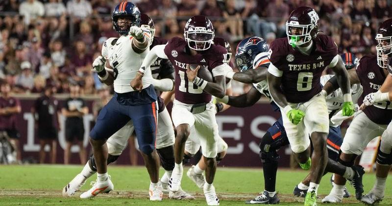 Aug 30, 2025; College Station, Texas, USA; Texas A&M Aggies quarterback Marcel Reed (10) runs with the football during the second half against the UTSA Roadrunners at Kyle Field. Mandatory Credit: Sean Thomas-Imagn Images