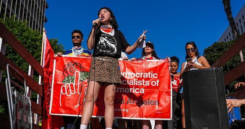 Democratic Socialists of America Communications Chair Leslie Chang speaks about her organizationÕs efforts to change policy during the general strike in Los Angeles, Calif., Friday, Jan. 30, 2026.
