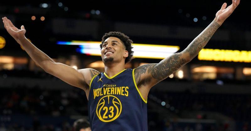 Michigan Wolverines forward Yaxel Lendeborg (23) reacts during practice ahead of a Final Four game on Friday, April 3, 2026, at Lucas Oil Stadium in Indianapolis.
