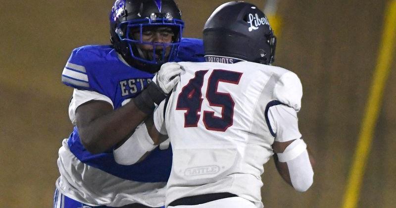 Estacado's Vershaunndrick Smith blocks Lubbock-Cooper Liberty's Isaac Rodriguez in a District 2-4A Division II football game, Thursday, Oct. 30, 2025, at Lowrey Field.