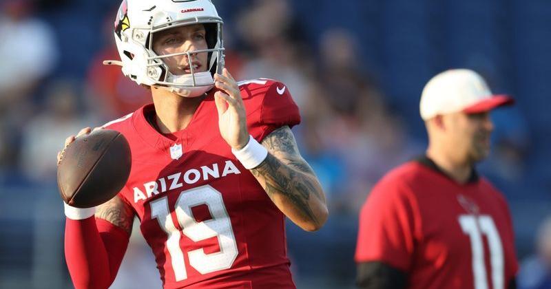 Arizona Cardinals quarterback Carson Beck (19) warms up before playing the the Carolina Panthers at Tom Benson Hall of Fame Stadium in Canton, Ohio on Aug. 6, 2026.