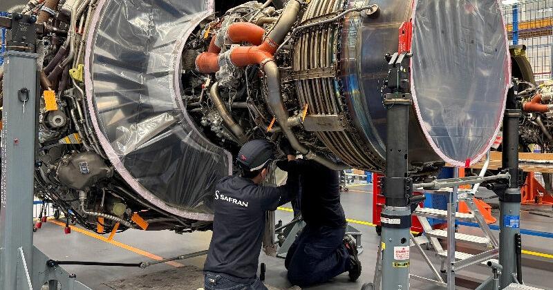 A LEAP-1A jet engine at a Safran engine servicing centre at Zaventem, Belgium