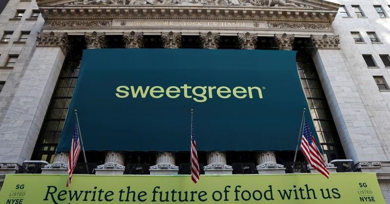 The Sweetgreen logo is displayed on a banner to celebrate the company's IPO, at the New York Stock Exchange (NYSE)
