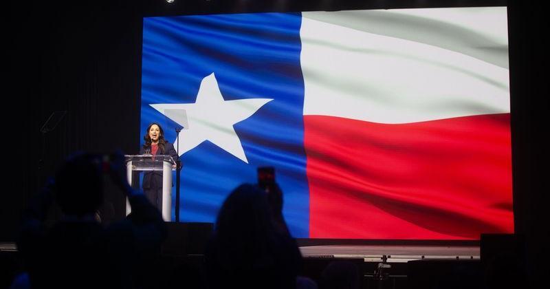 State Rep. Gina Hinojosa, the Democratic candidate for Texas governor, speaks to a crowd at the Texas Democratic Convention at the Hilliard Center in Corpus Christi, Texas, on June 26, 2026.