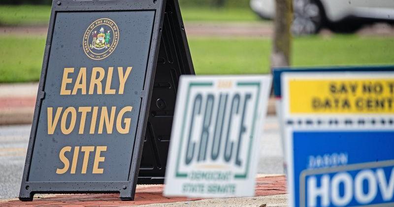 Early voting and candidate signs line the exterior of The Delaware Contemporary, an early voting site, in Wilmington, Delaware, on Sept. 2, 2026.